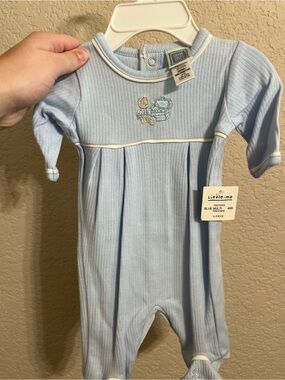 Little Me Light Blue Ribbed Footie with White Trim